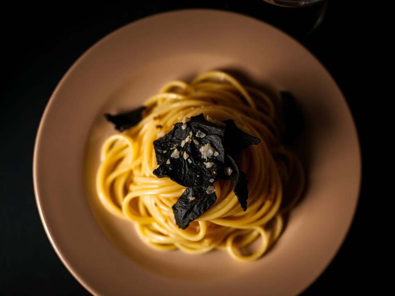 Plato terminado con láminas finas de trufa negra fresca