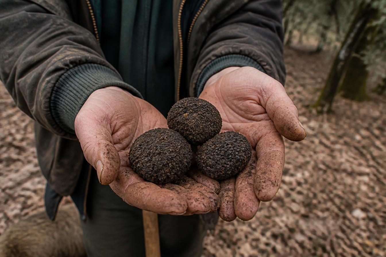 Manos del productor sosteniendo dos trufas negras recién recolectadas con tierra
